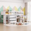 Twin Size Low Loft Bed With Pull-Out Desk, Drawers, Cabinet, and Shelves for White Color