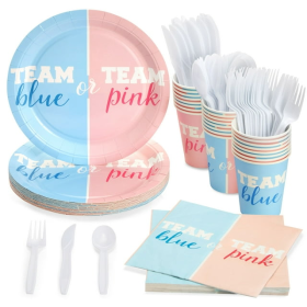 144 Piece Gender Reveal Plates, Napkins, Cups, Cutlery, Team Boy and Team Girl Party Supplies, Decorations (Serves 24)