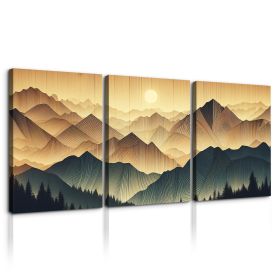 3 Panels Framed Abstract Wood Grain Boho Style Mountain & Forest Canvas Wall Art Decor,3 Pieces Mordern Canvas Decoration Painting for Office,Dining r (Color: as Pic)