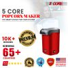 5 Core Hot Air Popcorn Popper Machine 1200W Electric Popcorn Kernel Corn Maker Bpa Free, 95% Popping Rate, 2 Minutes Fast, No Oil-Healthy Snack for Ki